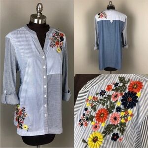 Style & Co. Striped Embroidered Floral Blouse LARGE Boho Cottagecore Lightweight